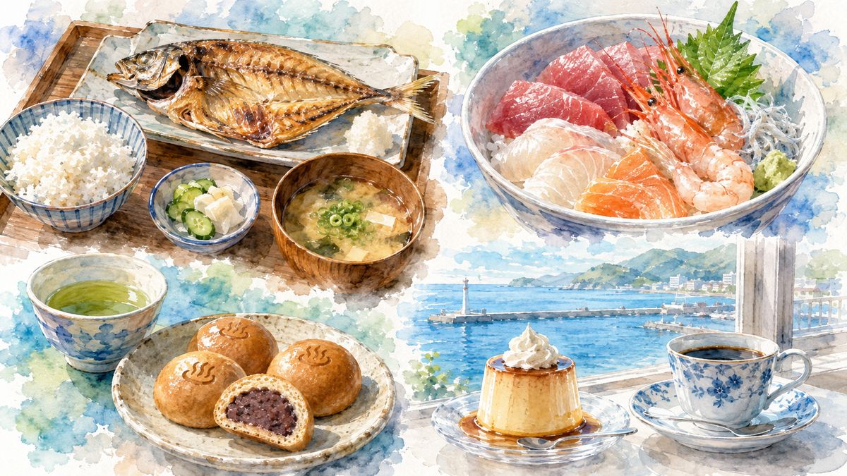 熱海でひとりでも食べやすい干物定食、海鮮丼、温泉まんじゅう、海の見えるカフェの魅力をやわらかく表現したイラスト