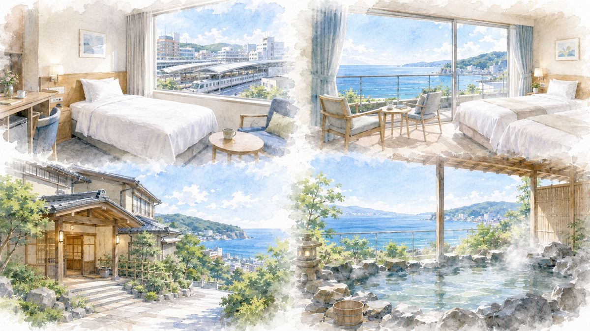 熱海でひとり旅向けの駅前ホテル、海を見下ろす部屋、山の手の静かな温泉宿、朝の露天風呂の魅力をやわらかく表現したイラスト