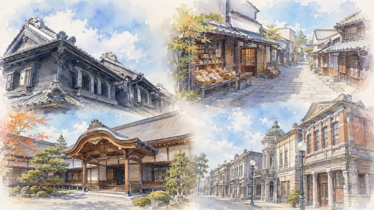 川越の蔵造りの町並みと時の鐘、菓子屋横丁の路地、氷川神社の境内、大正浪漫夢通りそれぞれの魅力をやわらかく表現したイラスト