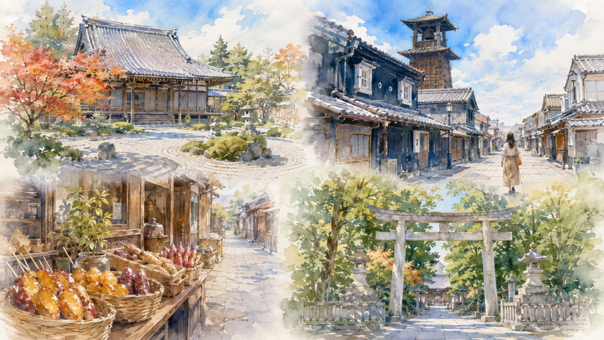 川越の喜多院、蔵造りの町並み、菓子屋横丁、氷川神社をめぐる日帰りひとり旅のモデルコースをやわらかく表現したイラスト