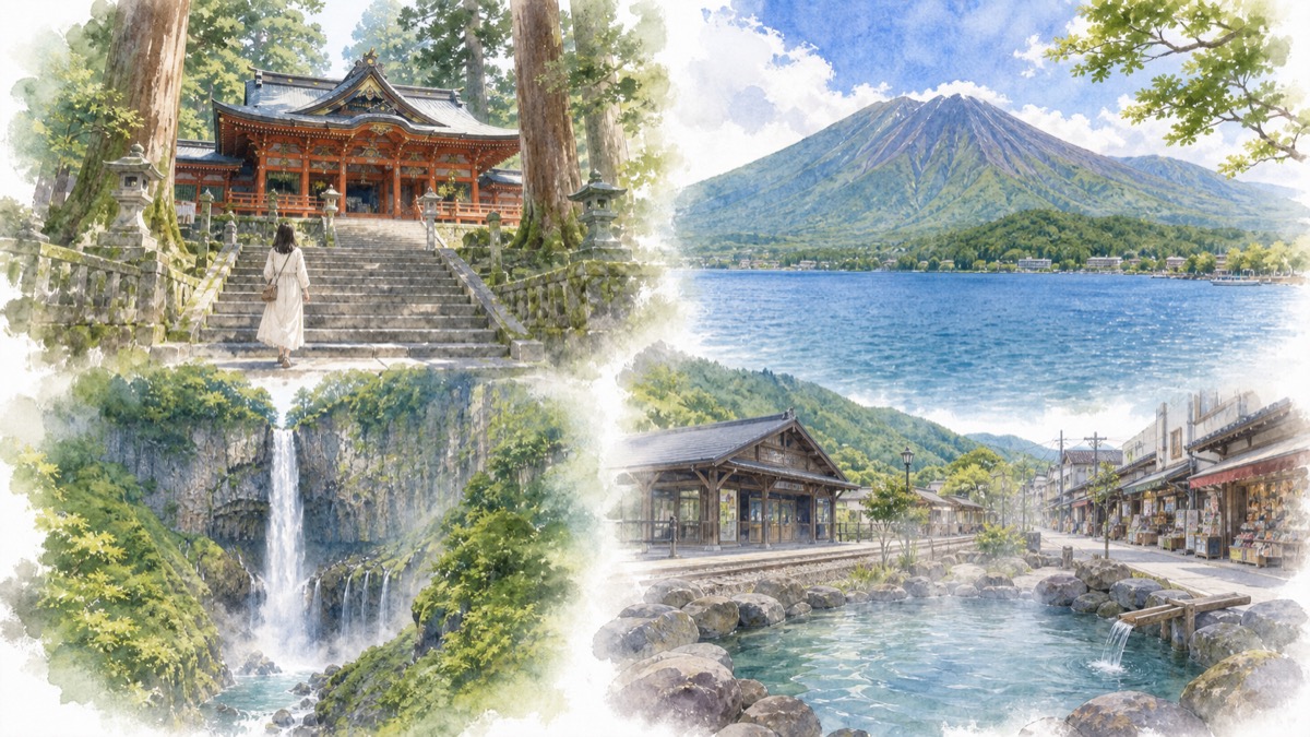 日光山内の社寺、奥日光の湖と滝、鬼怒川温泉の渓谷、東武日光駅前それぞれの魅力をやわらかく表現したイラスト