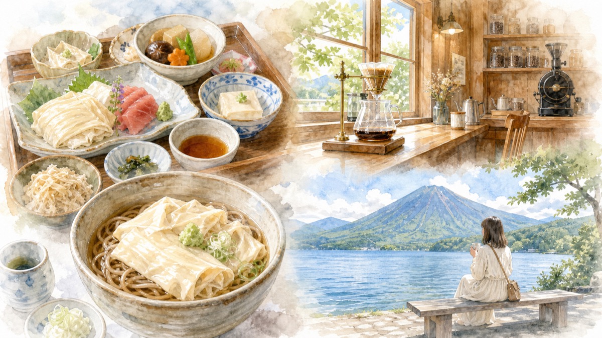 日光でひとりでも入りやすいゆば料理、そば、焙煎コーヒーのカフェ、中禅寺湖畔のひと休みの魅力をやわらかく表現したイラスト