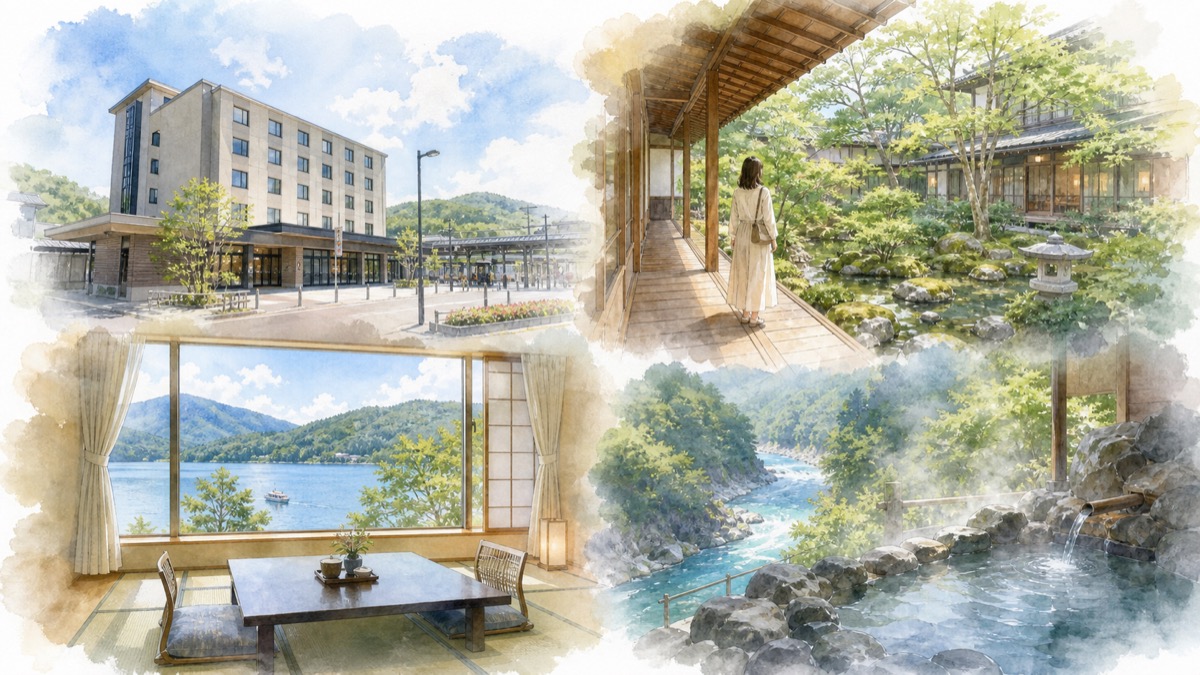 日光でひとり旅向けの東武日光駅前ホテル、山内の宿、中禅寺湖畔の宿、鬼怒川温泉の渓谷の宿の魅力をやわらかく表現したイラスト