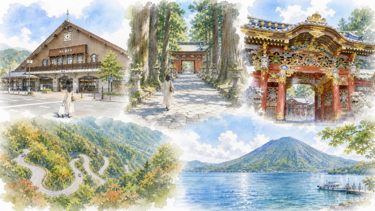 日光の社寺といろは坂、中禅寺湖と華厳の滝をまわる1泊2日のひとり旅モデルコースをやわらかく表現したイラスト