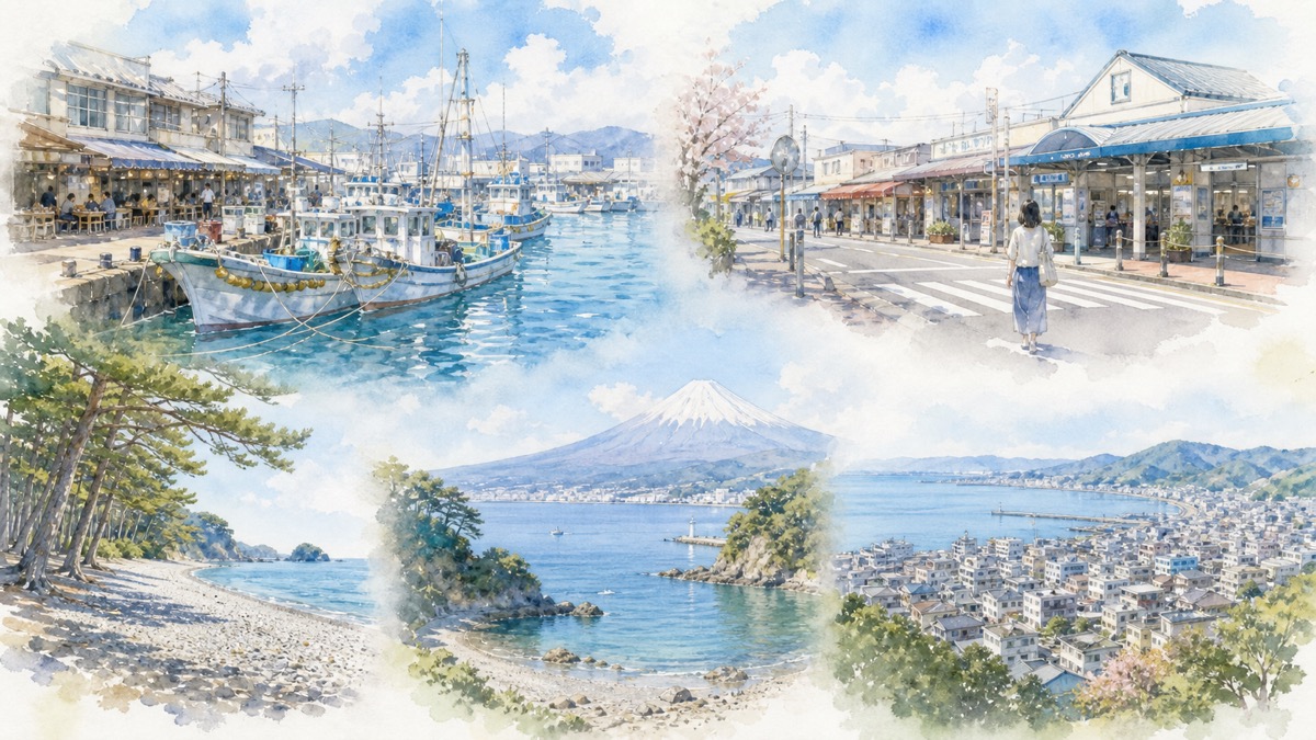 食事処の並ぶ漁港、桜の咲く駅前の商店街、松林の向こうの砂利浜、対岸に富士山が立つ入り江、街と駿河湾を見下ろす高台。沼津のエリアごとの表情を描いた水彩イラスト