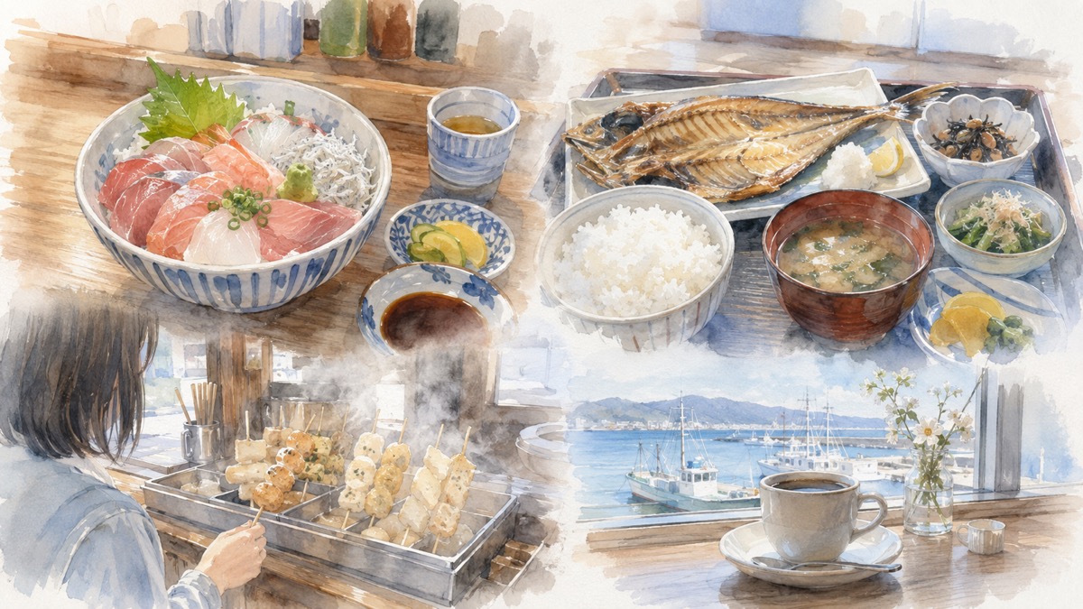 沼津でひとりでも頼みやすい、しらすと刺身をのせた海鮮丼、焼いた干物の定食、湯気の立つ竹串の練り物、港を望む窓辺のコーヒーを描いた水彩イラスト