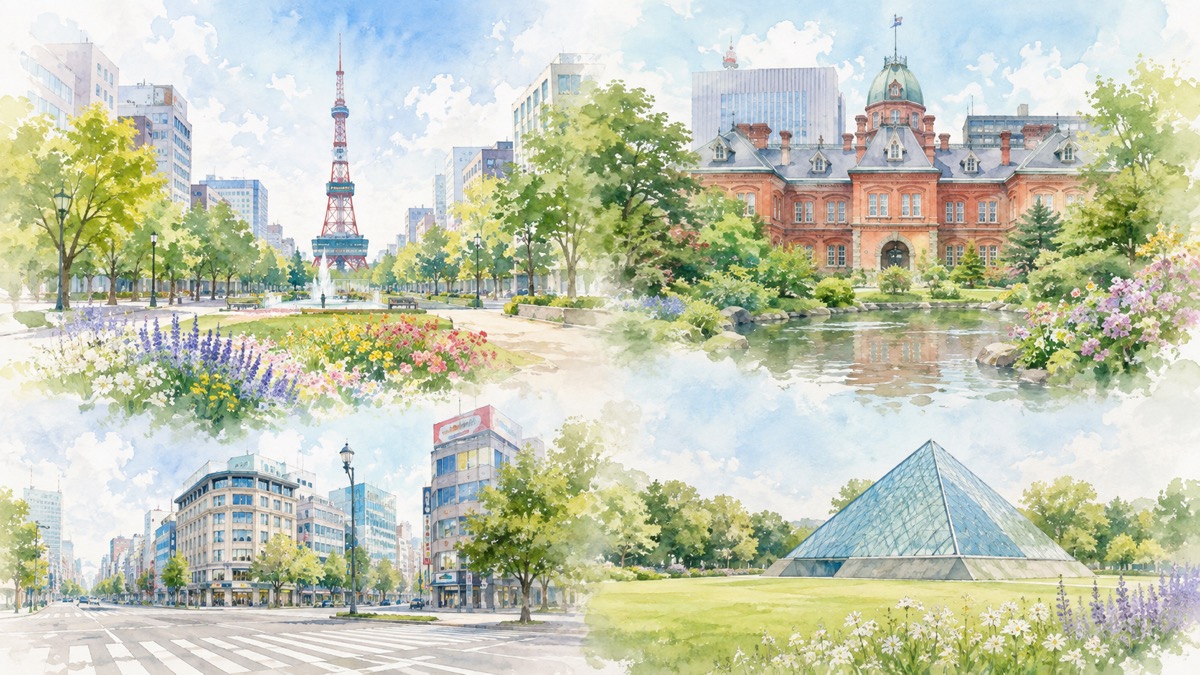 札幌駅と大通公園、すすきののネオン、円山の神宮の森、郊外の広い公園それぞれの魅力をやわらかく表現したイラスト