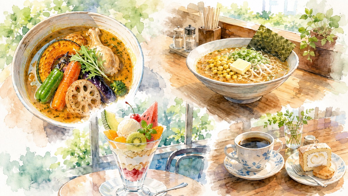 札幌でひとりでも入りやすいスープカレー、味噌ラーメン、海鮮丼、〆パフェの魅力をやわらかく表現したイラスト