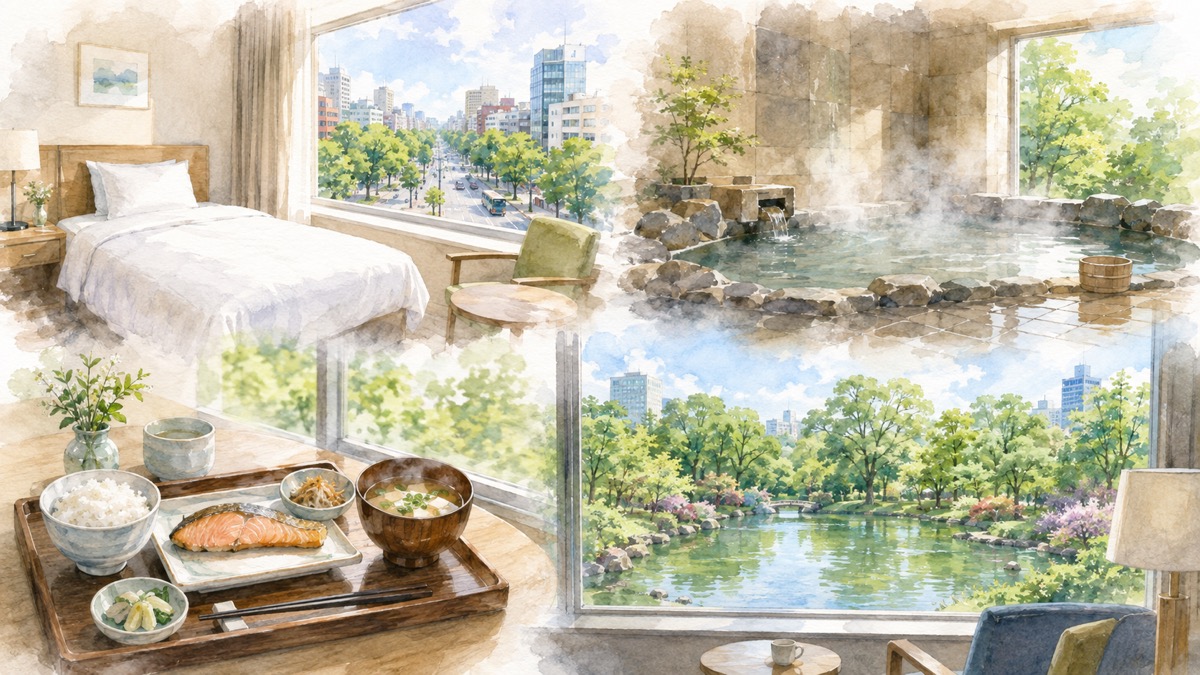 札幌でひとり旅向けの札幌駅前ホテル、大通・すすきのの大浴場つきホテル、中島公園そばの静かな宿の魅力をやわらかく表現したイラスト