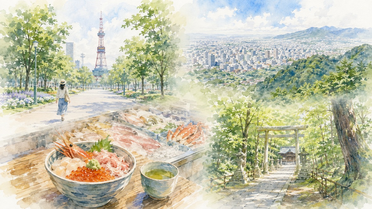 札幌の大通公園と時計台、藻岩山からの夜景、円山の森をまわる1泊2日のひとり旅モデルコースをやわらかく表現したイラスト