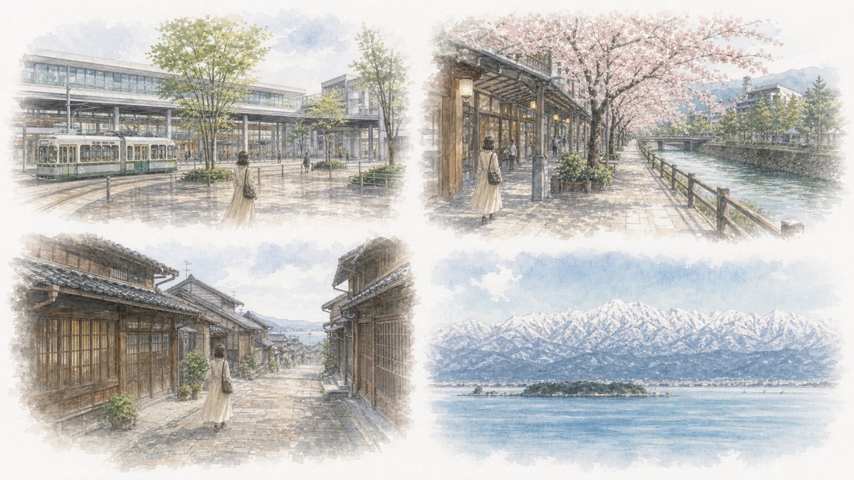 富山駅前・桜の咲く川沿いの中心市街地・岩瀬の格子戸が続く港町・海越しに望む立山連峰の4エリアをやわらかく表現したイラスト