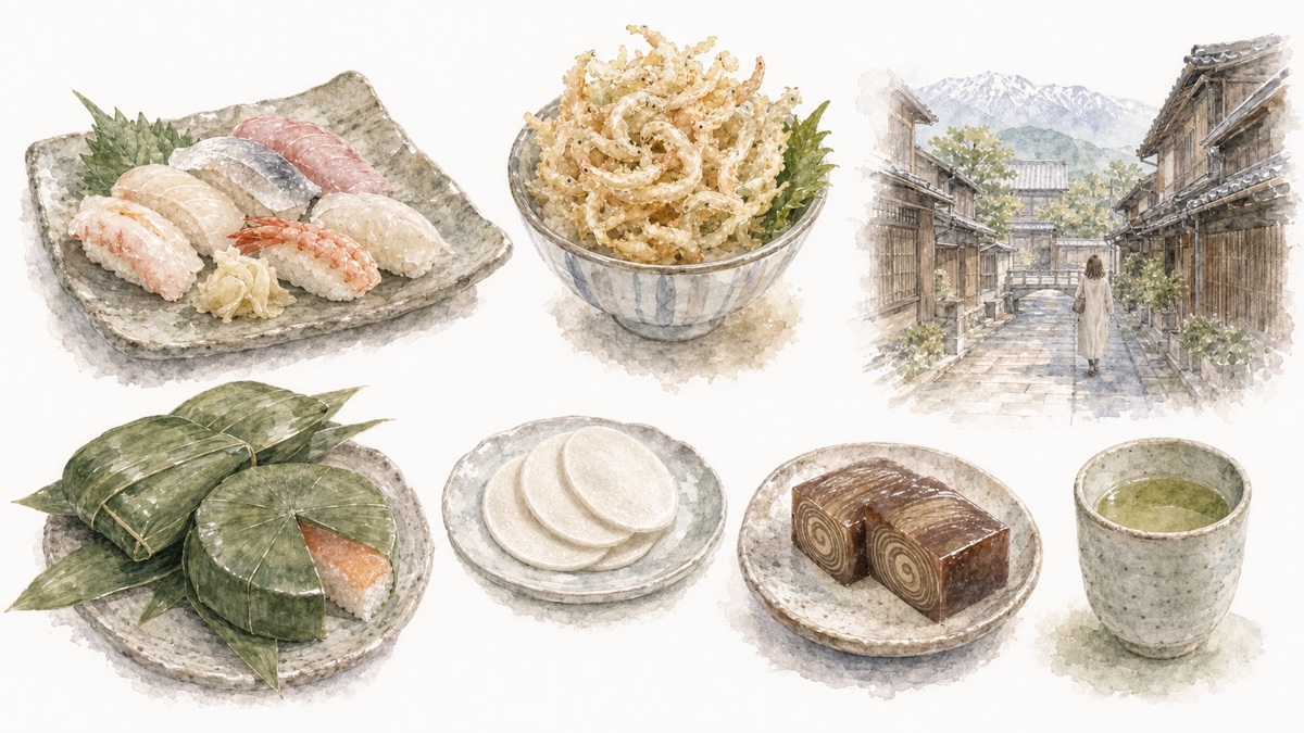 富山湾の握り寿司、白えびのかき揚げ、笹に包まれたます寿し、銘菓の月世界と杢目羊羹、緑茶をやわらかく表現したイラスト