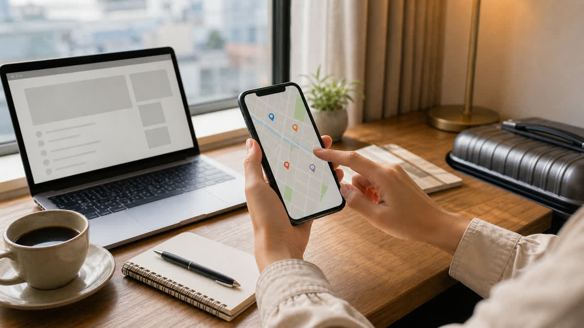 スマホの地図や検索を見ながら旅先で作業向きのカフェを探しているイメージ