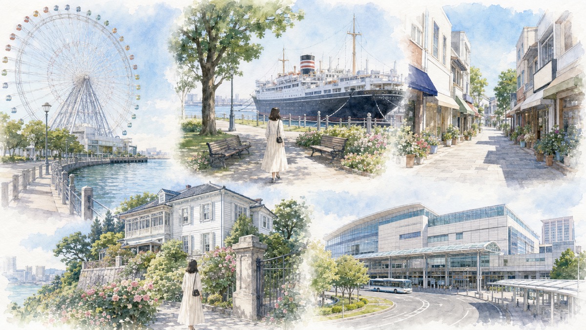 観覧車のふもとの遊歩道、氷川丸が係留された山下公園、日除けの並ぶ元町の通り、山手の白い洋館、横浜駅前の広場という横浜の4エリアを描いた水彩イラスト
