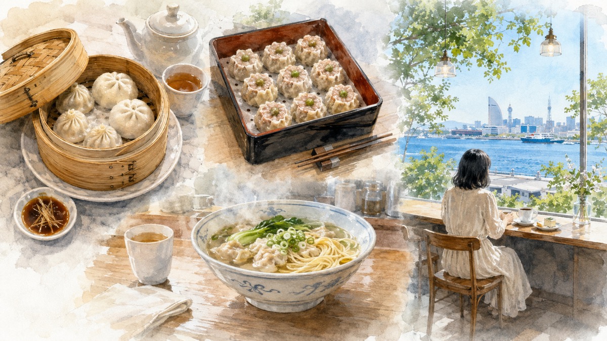 横浜でひとりでも頼みやすい、せいろの点心と肉まん、折詰のシウマイ、澄んだスープの麺、港を望む窓辺のコーヒーを描いた水彩イラスト