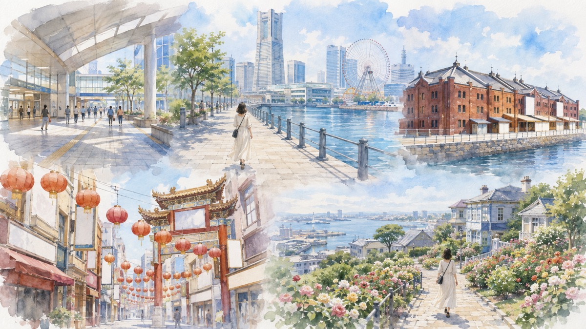 横浜駅の改札前、海沿いの石畳の遊歩道と観覧車、赤レンガ倉庫、提灯の下がる中華街、バラの咲く山手の坂道をめぐる、ひとり旅のモデルコースを描いた水彩イラスト